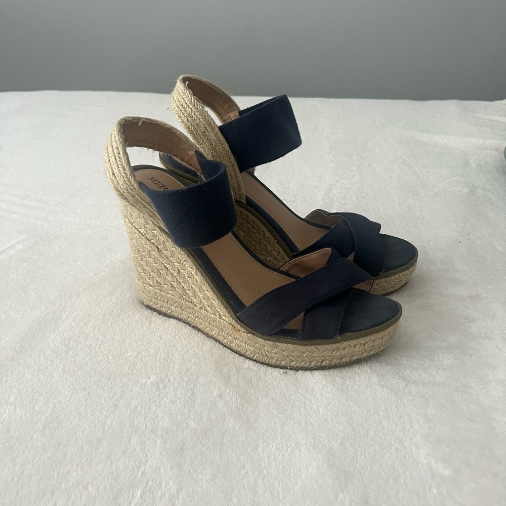 Merona Navy and Tan Wedge Sandals - size 7.5